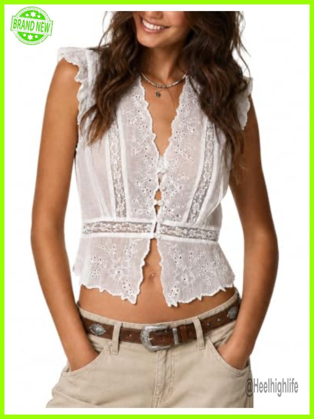 Boho Lace Eyelet Tank Top Ruffle Sleeve Button V-Neck Cotton